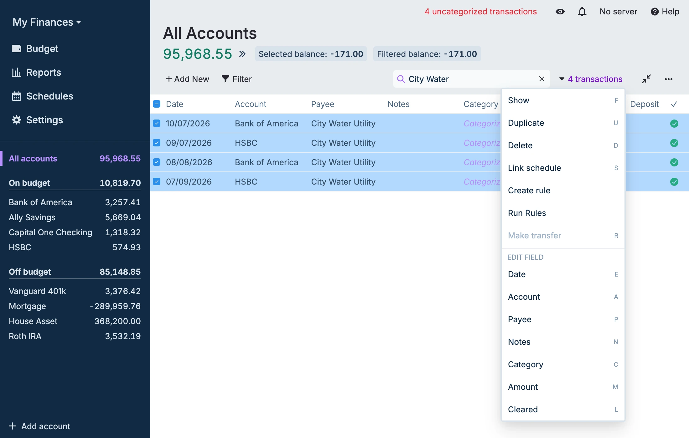 The selection menu open next to 4 transactions