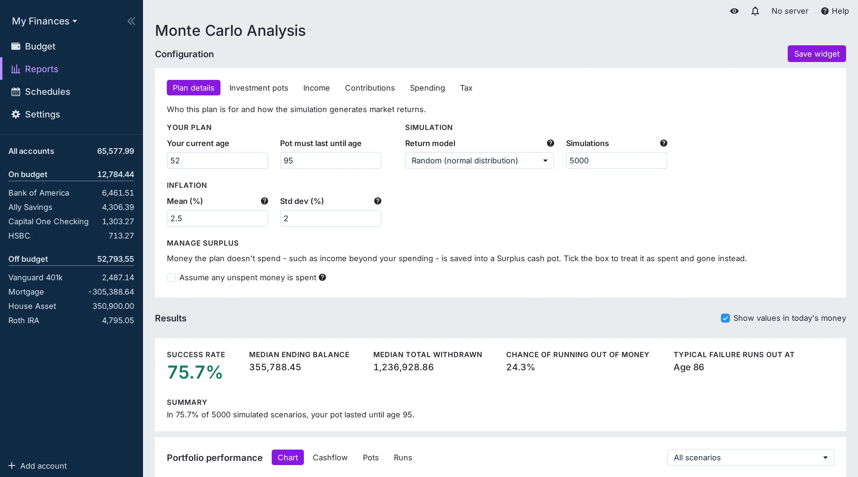 The Monte Carlo Analysis report with the Plan details tab, the headline results and the top of the portfolio chart
