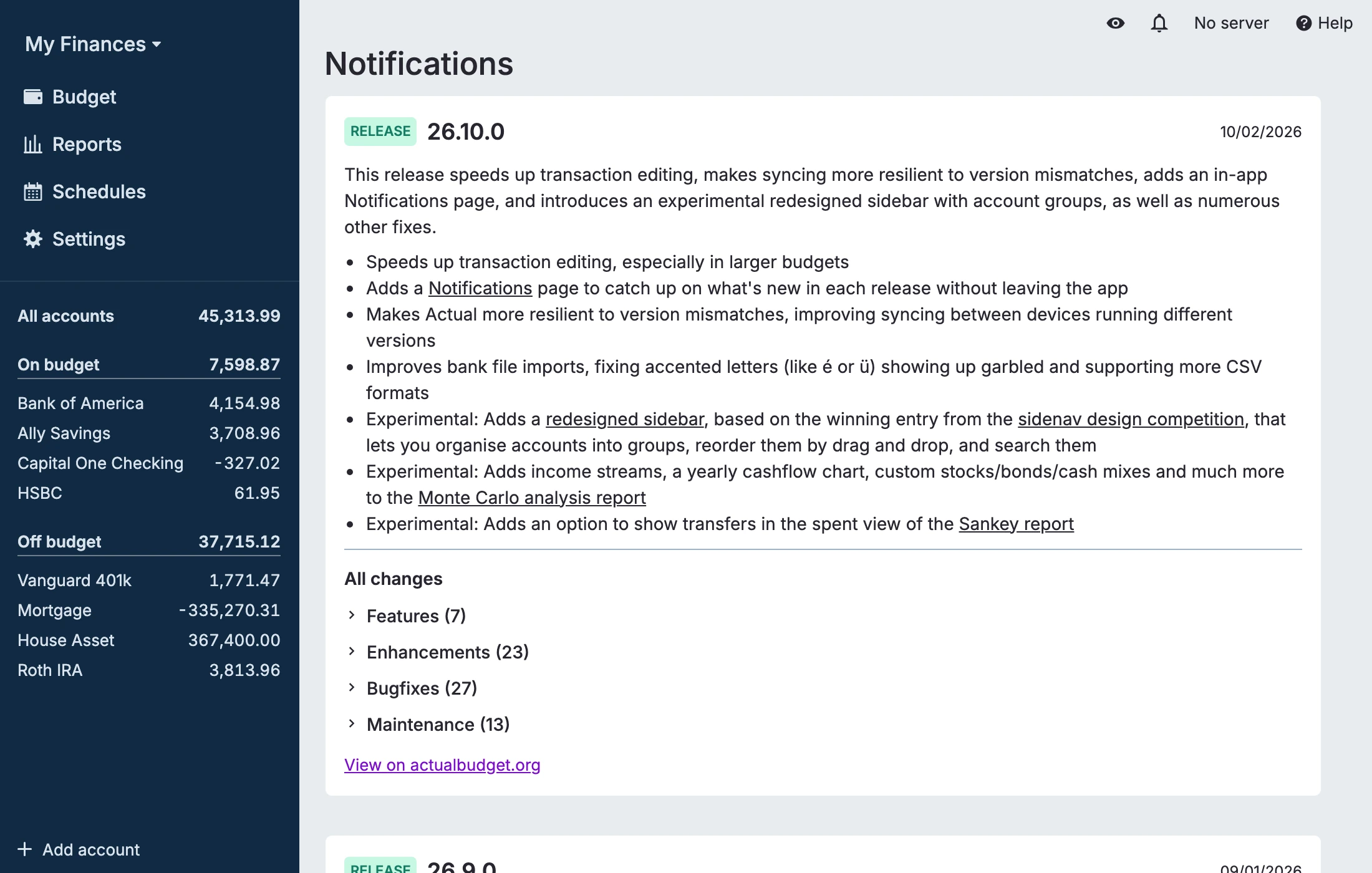 The Notifications page with a release card
