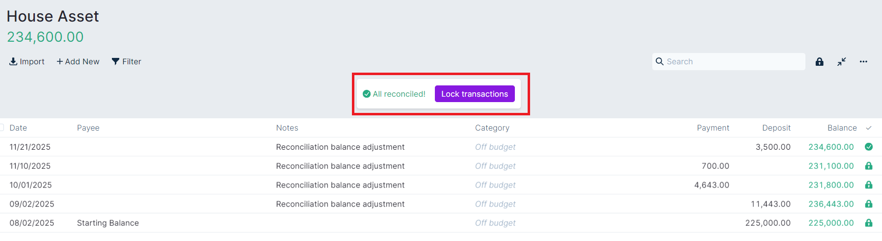 Image of created transaction All reconciled