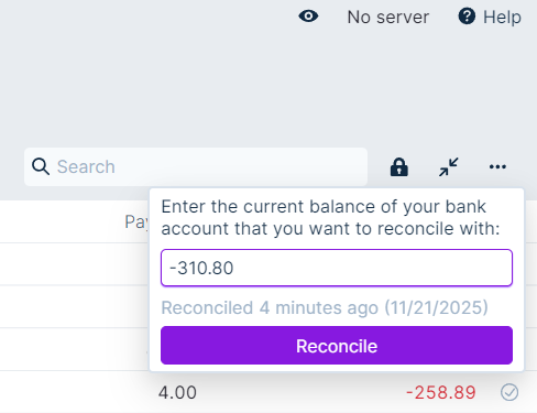 Image of reconcile box with no bank sync