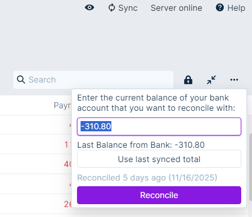 Image of reconcile box with bank sync