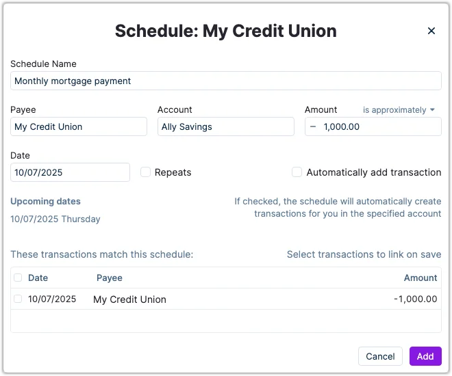Example of adding a schedule for a mortgage