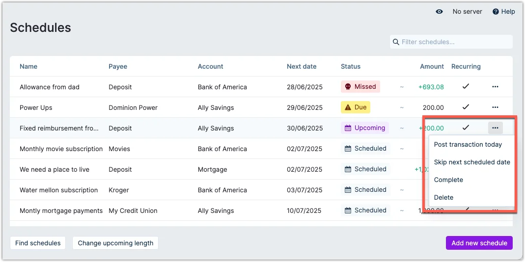Example of managing a schedule