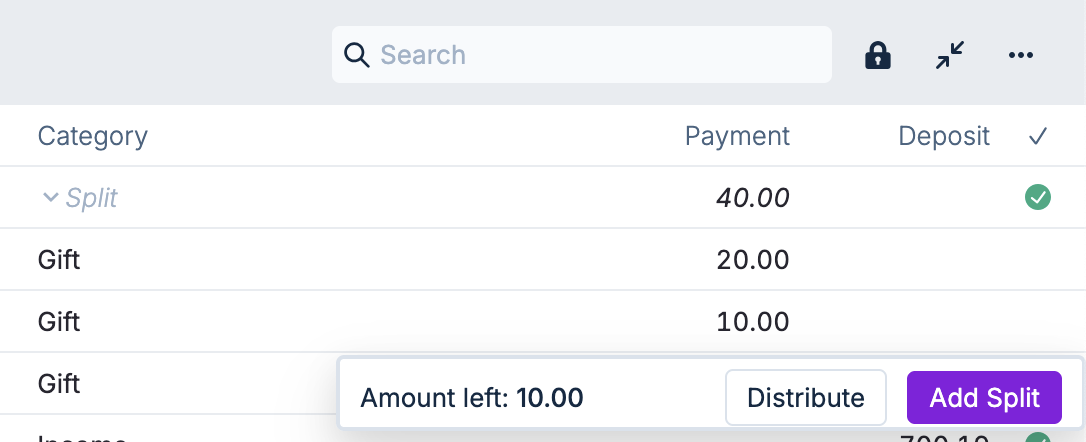 Image of buttons when managing split transactions