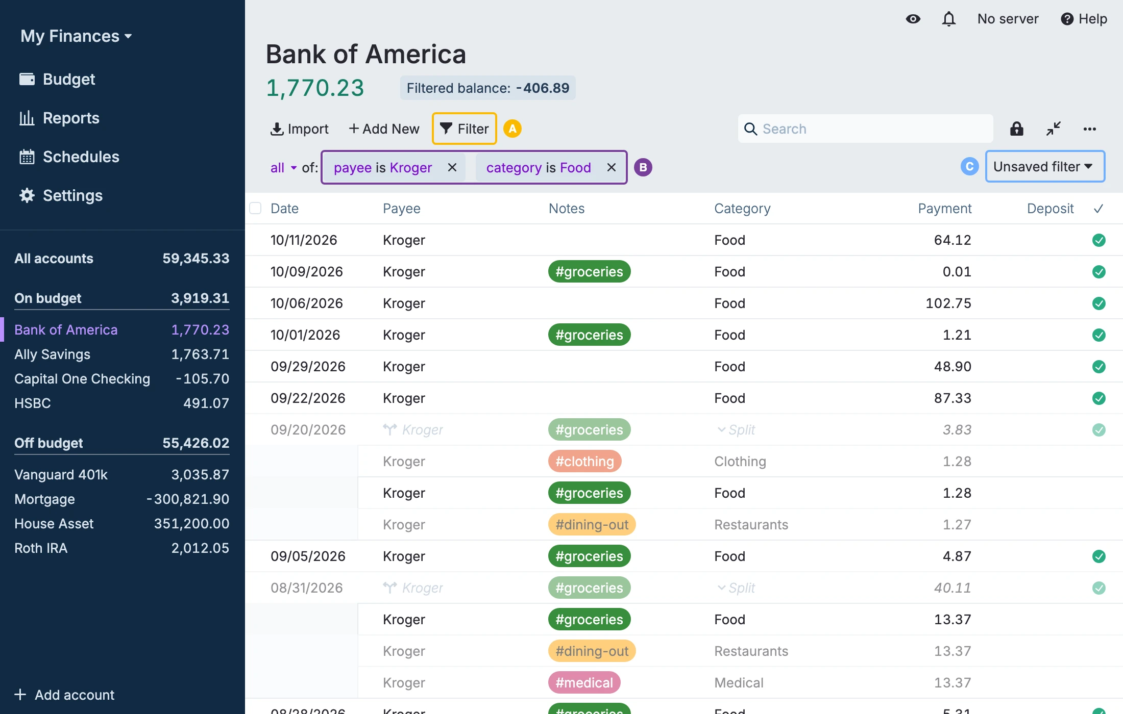 The account register filtered to Kroger transactions in the Food category, with the filter controls labeled