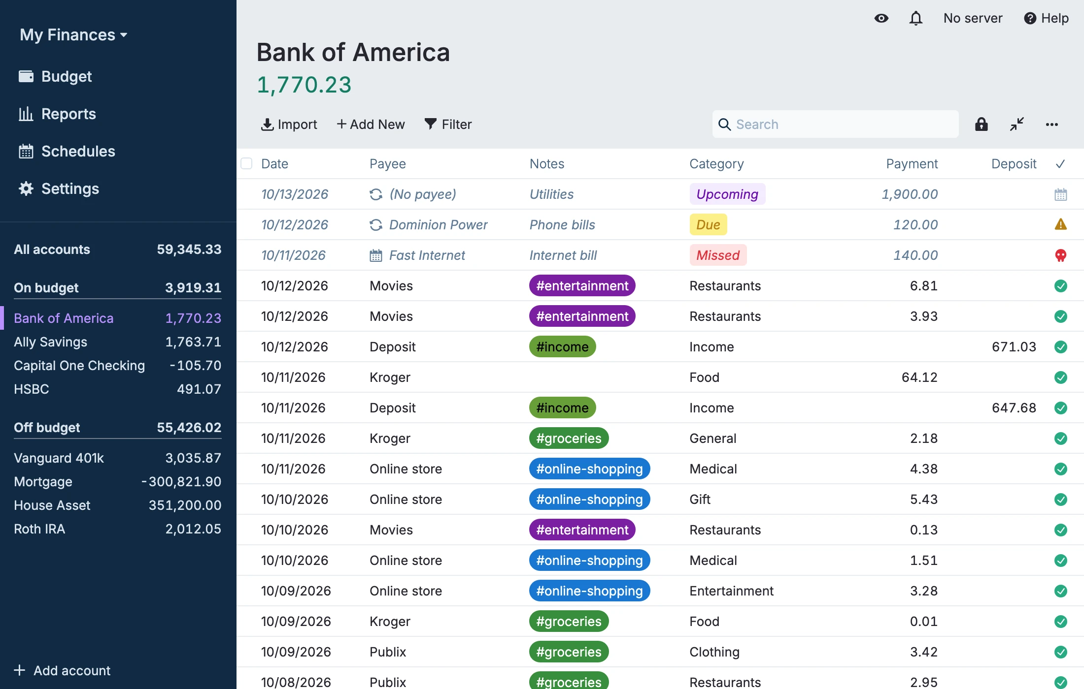 The account register for Bank of America