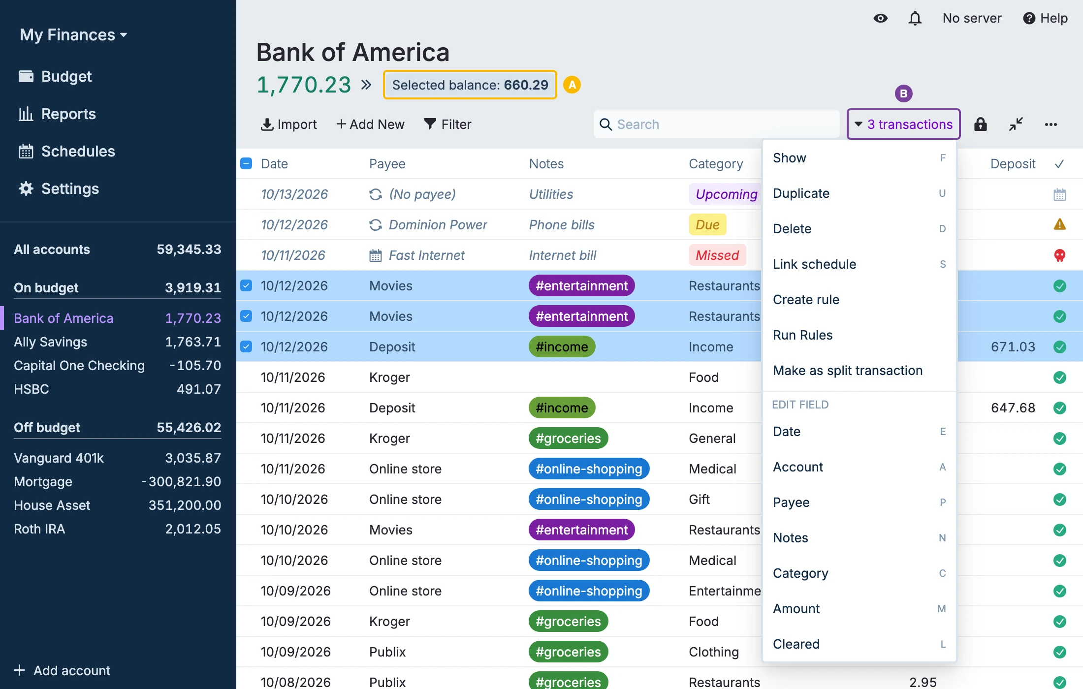 Three selected transactions with the bulk actions menu open