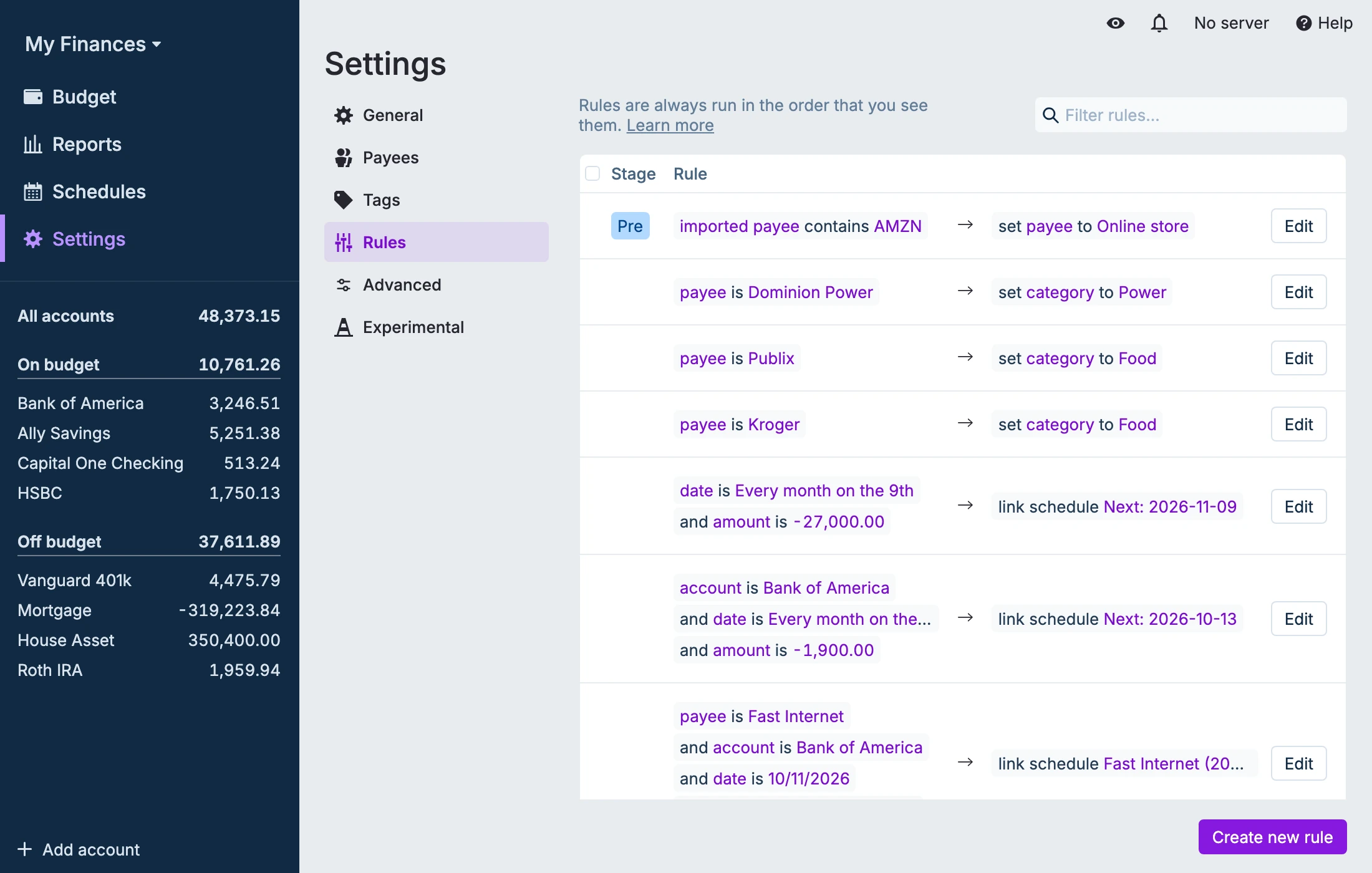 The Rules page in Settings with several rules